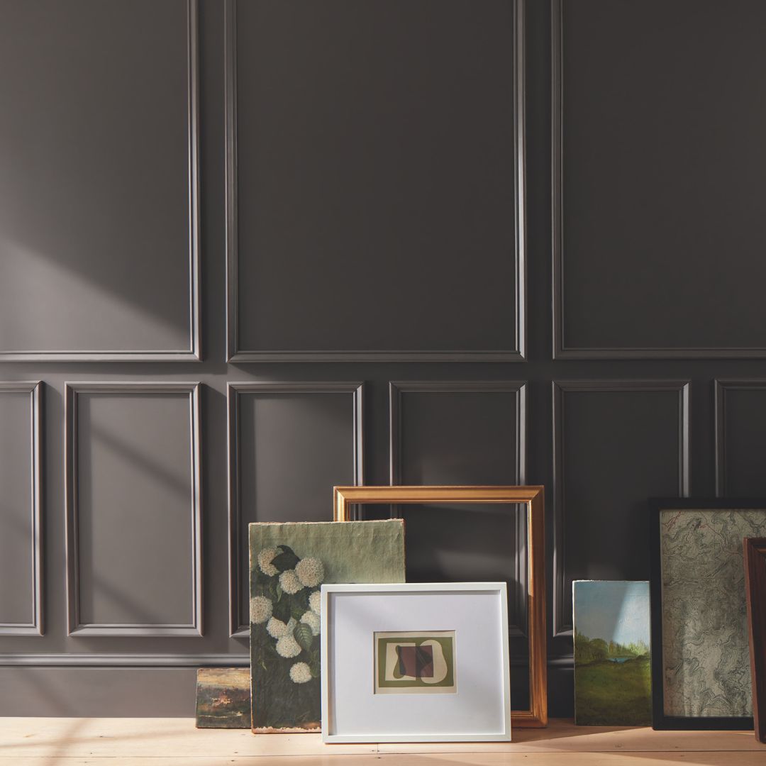 Framed artworks against a dark paneled wall. Benjamin Moore 2026 Color of the year Silhouette AF-655