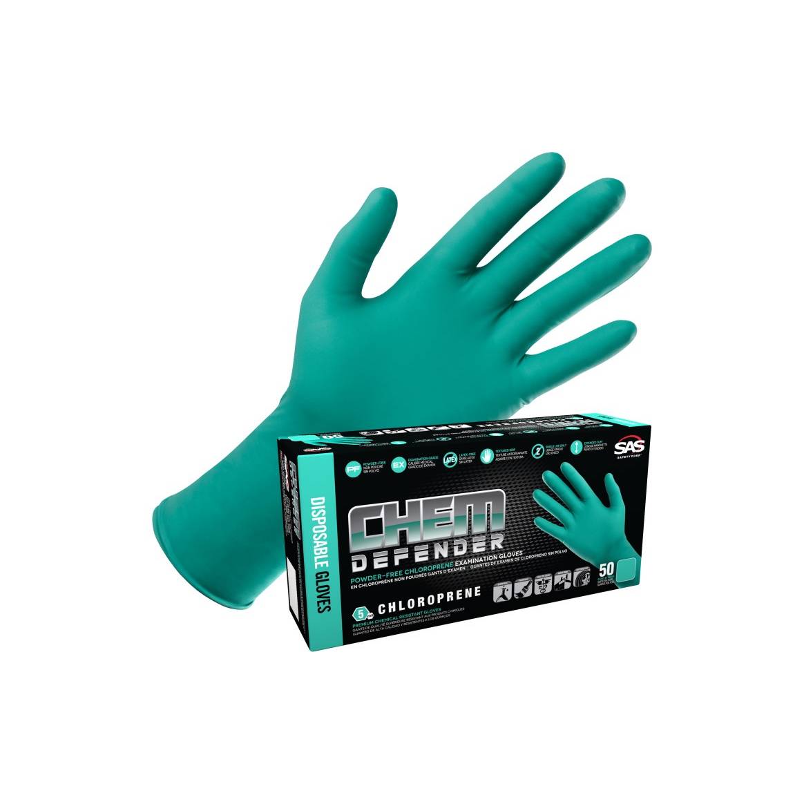 SAS Safety Chem Defender Powder-Free Exam Grade Chloroprene Disposable Gloves - 5 Mil - 50-Pack