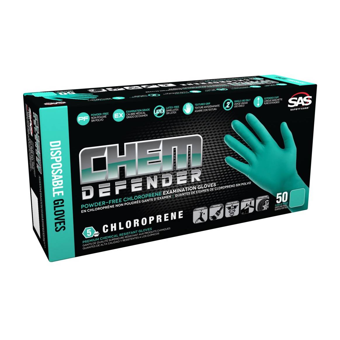 SAS Safety Chem Defender Powder-Free Exam Grade Chloroprene Disposable Gloves - 5 Mil - 50-Pack